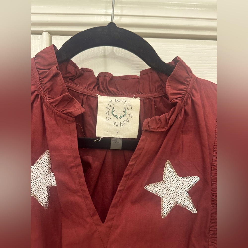Fantastic Fawn maroon sequin star dress with ruffles